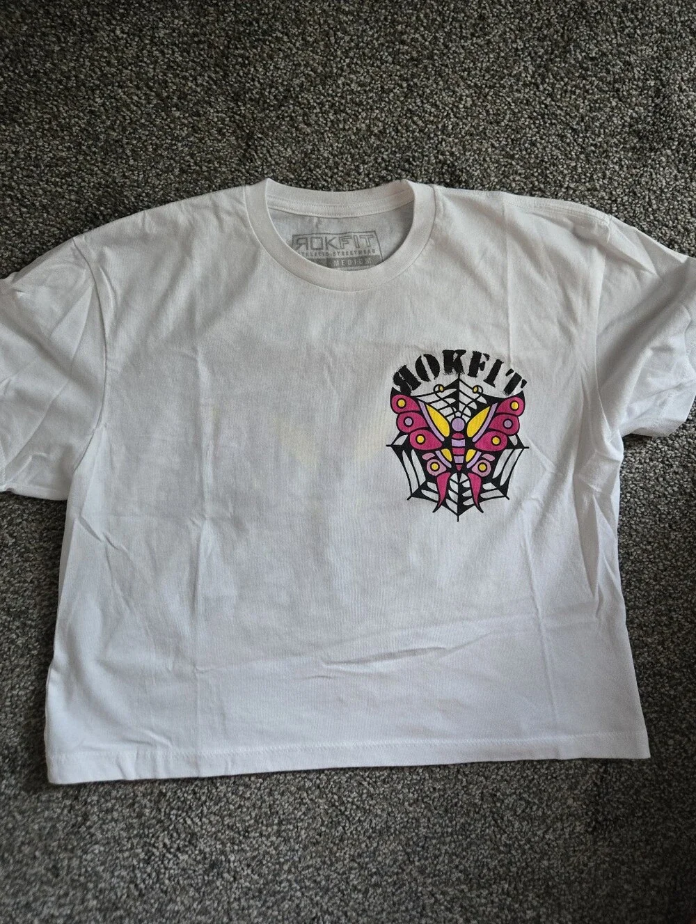 Rokfit White Crop Top with Pink Butterfly Graphic